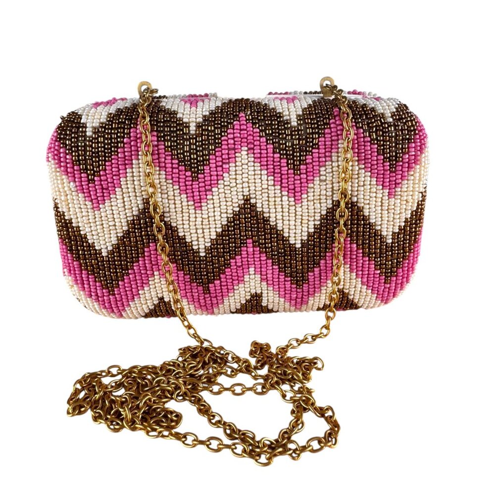 Santi Clutch Shoulder Bag Purse Pink Brown Beaded Chevron Small Oval Shaped